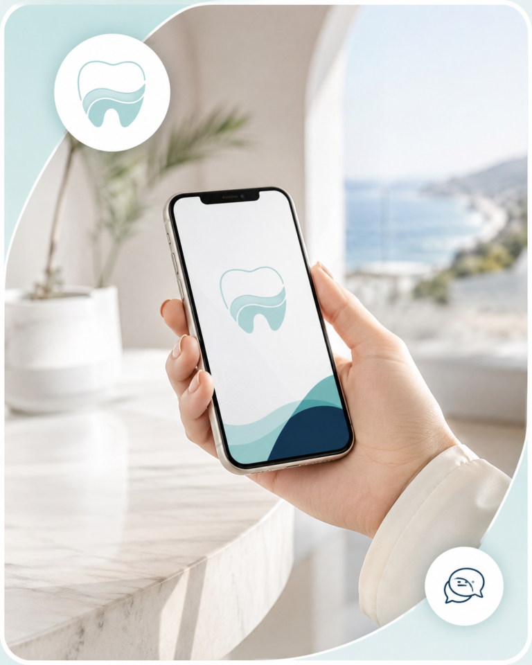 A phone showing the Clinova mark, held in one hand.