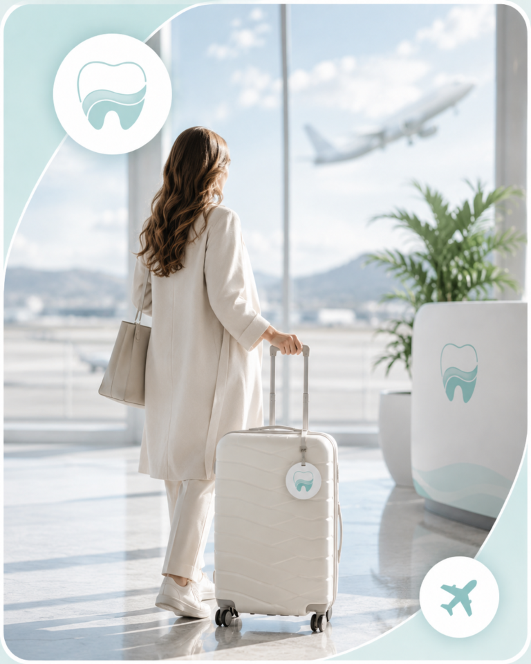 A traveller with a suitcase at an airport window, an aircraft taking off outside.