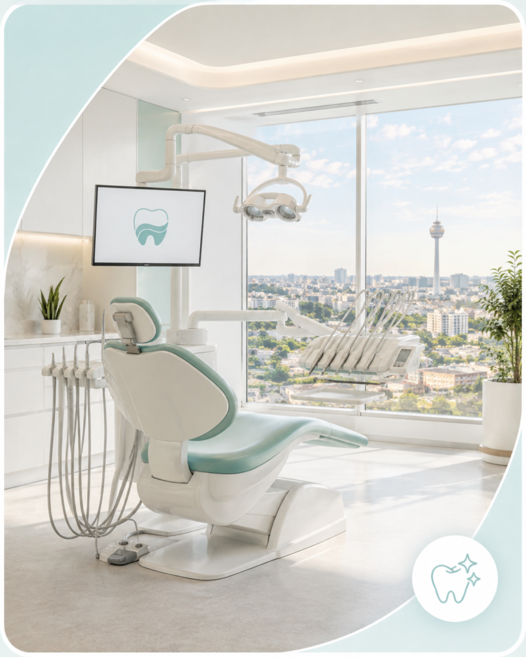 A dental treatment room with a window looking out over Ankara.