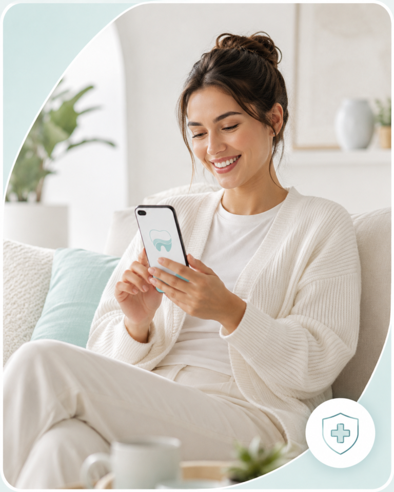A woman at home on a sofa, reading something on her phone.