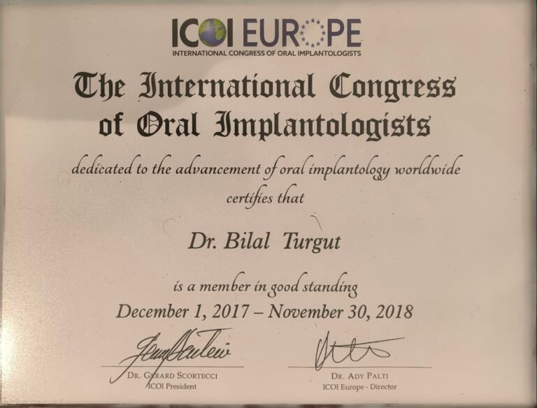 ICOI Europe membership certificate for Bilal Turgut, 2017 to 2018.