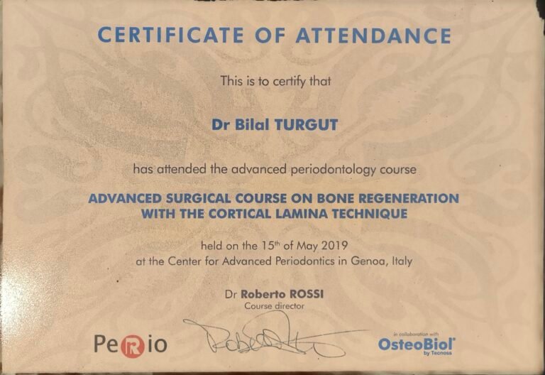 Certificate of attendance, advanced surgical course on bone regeneration, Genoa, 2019.