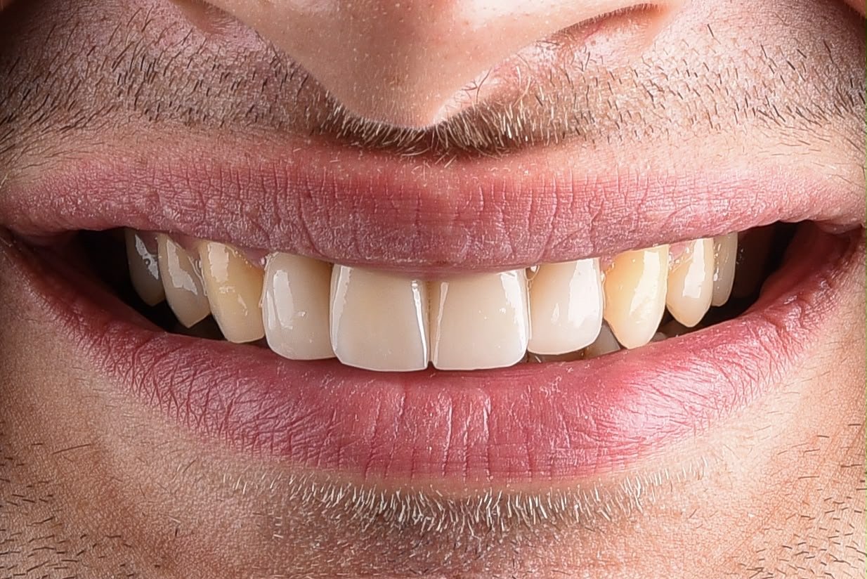 After treatment: four upper front teeth restored in lithium disilicate, the shade matched to the patient’s own untreated canines and back teeth