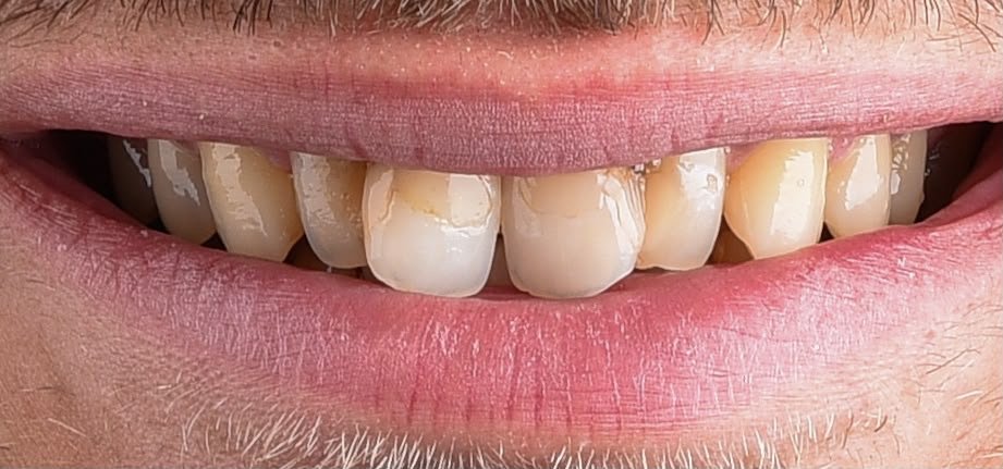Before treatment: upper front teeth of uneven colour, one central incisor an opaque, mismatched shade stained along the gum line